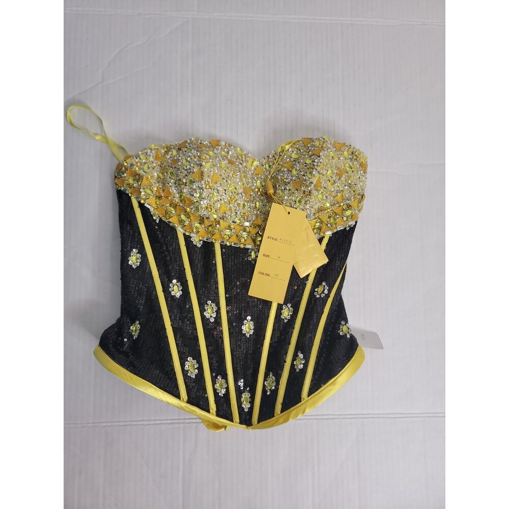 Savoy's Embellished Coquette Corset Top Sz 4 Black Yellow Bling Bumblebee